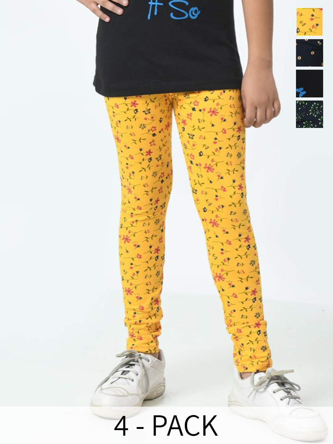 

BAESD Girls Pack Of 4 Printed Pure Cotton Ankle Length Leggings, Yellow