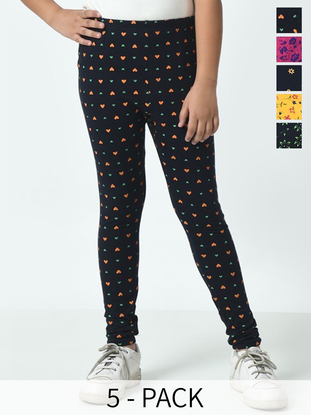 

BAESD Girls Pack Of 5 Printed Pure Cotton Ankle-Length Leggings, Navy blue