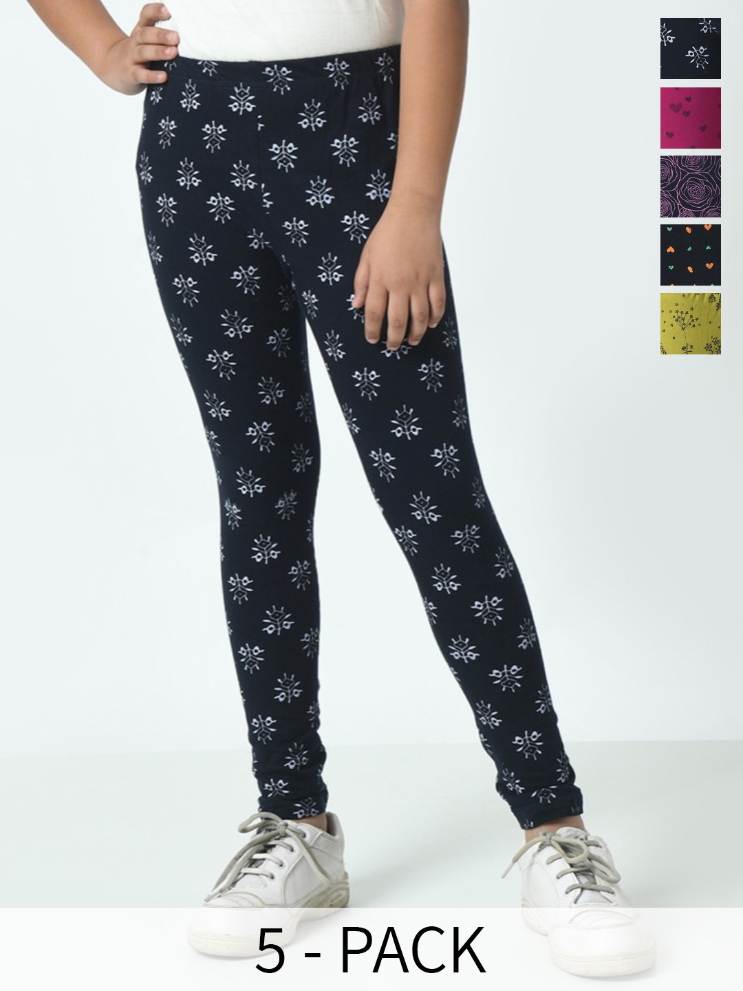 

BAESD Girls Pack Of 5 Printed Pure Cotton Ankle-Length Leggings, Navy blue