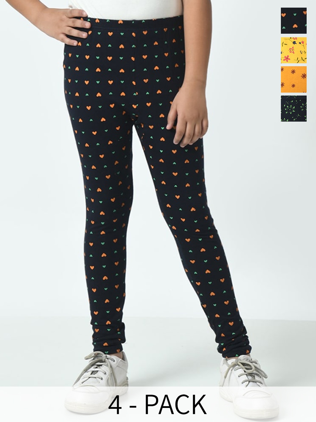 

BAESD Girls Pack Of 4 Printed Pure Cotton Ankle-Length Leggings, Navy blue