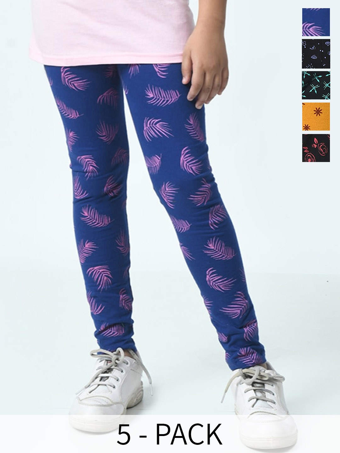 

BAESD Girls Pack Of 5 Printed Pure Cotton Ankle-Length Leggings, Blue