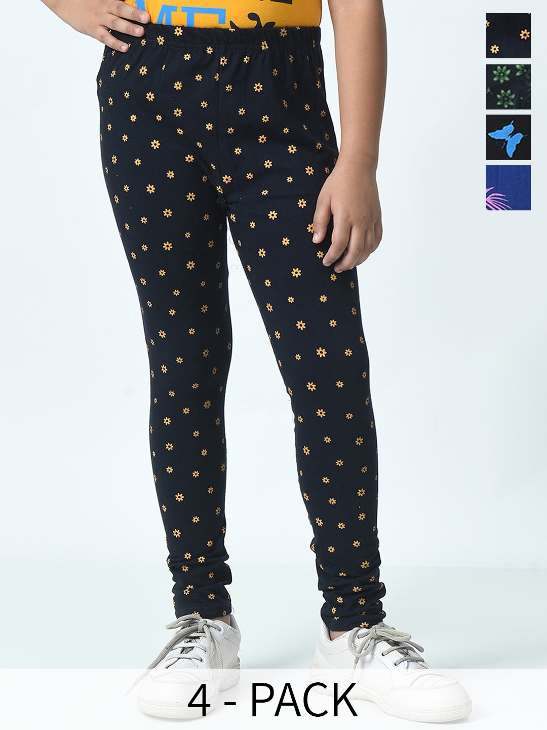 

BAESD Girls Pack Of 4 Printed Pure Cotton Ankle-Length Leggings, Navy blue