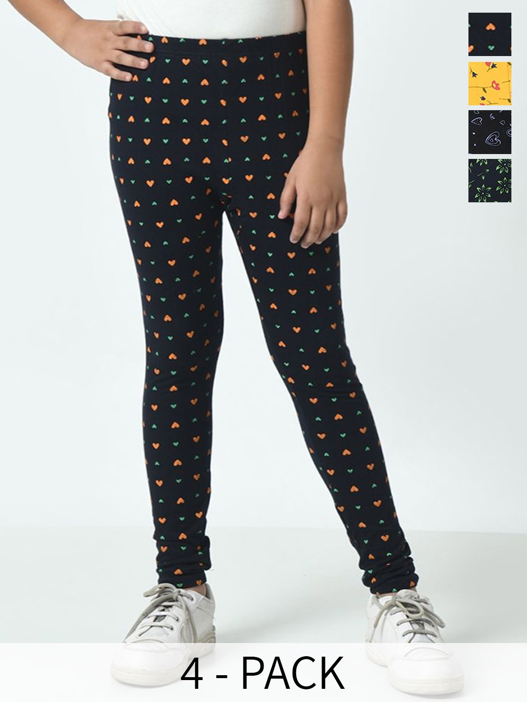

BAESD Girls Pack Of 4 Printed Pure Cotton Ankle Length Leggings, Black