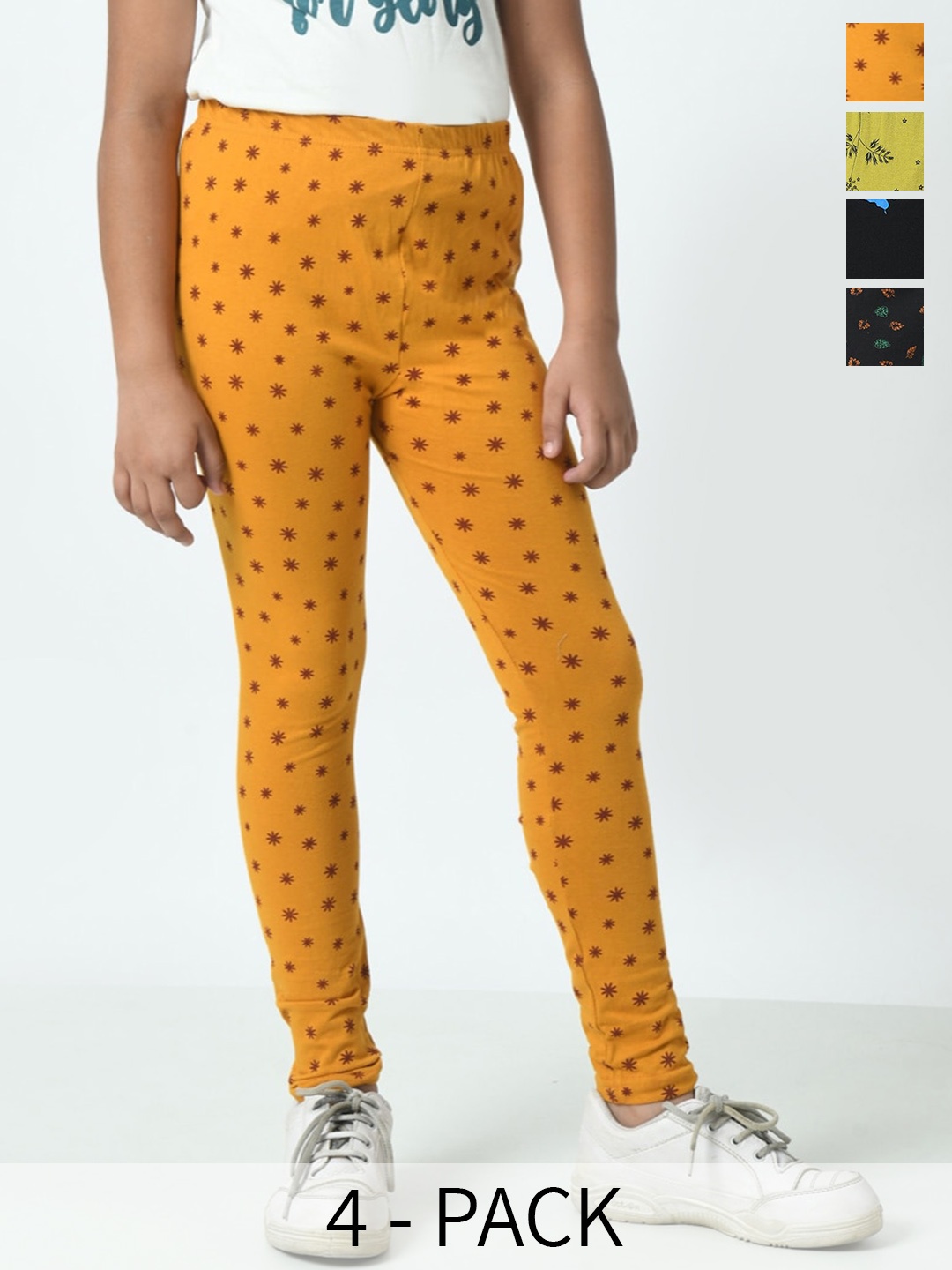 

BAESD Girls Pack Of 4 Printed Pure Cotton Ankle Length Leggings, Yellow