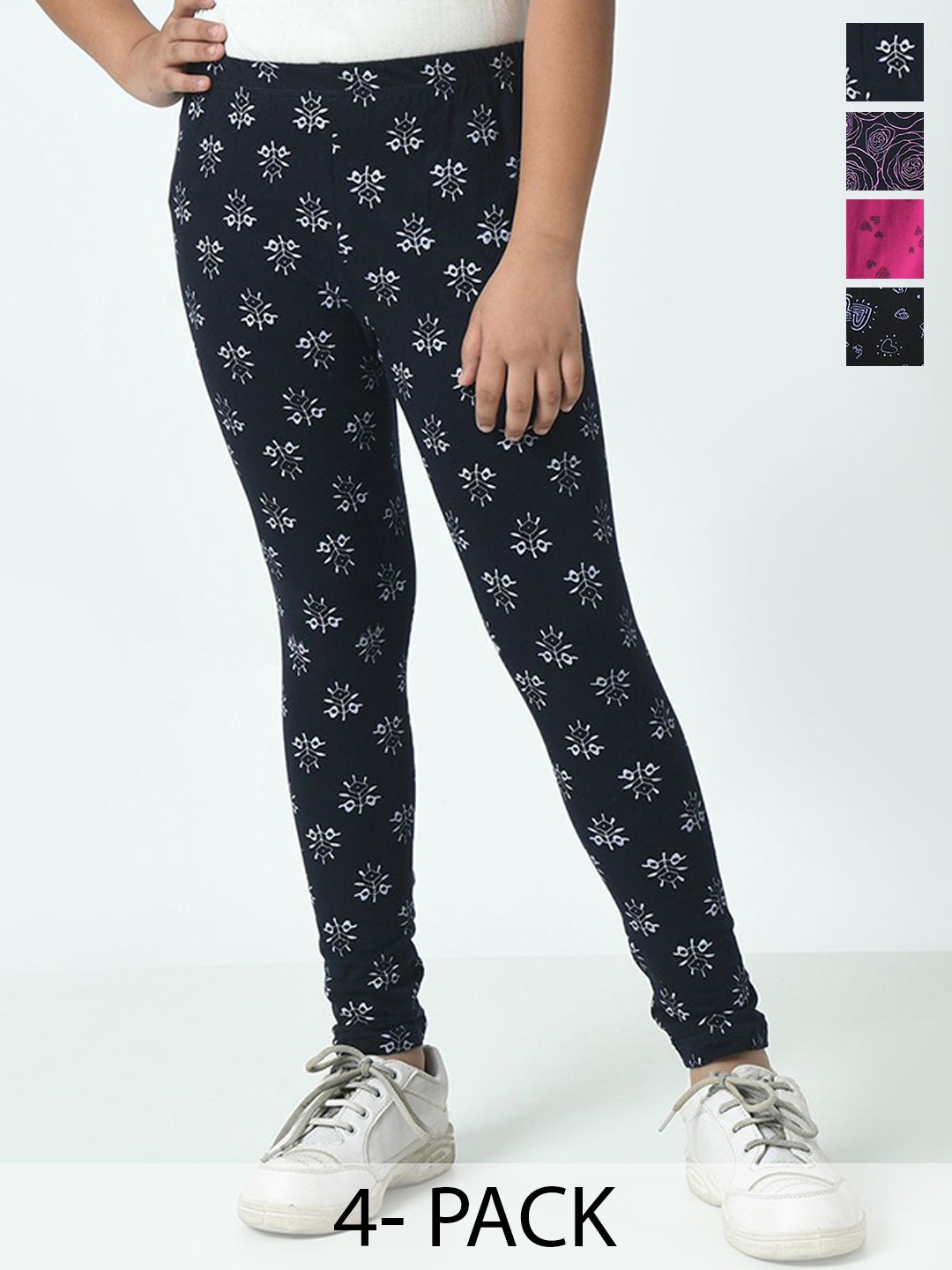 

BAESD Girls Pack Of 4 Printed Pure Cotton Ankle-Length Leggings, Navy blue