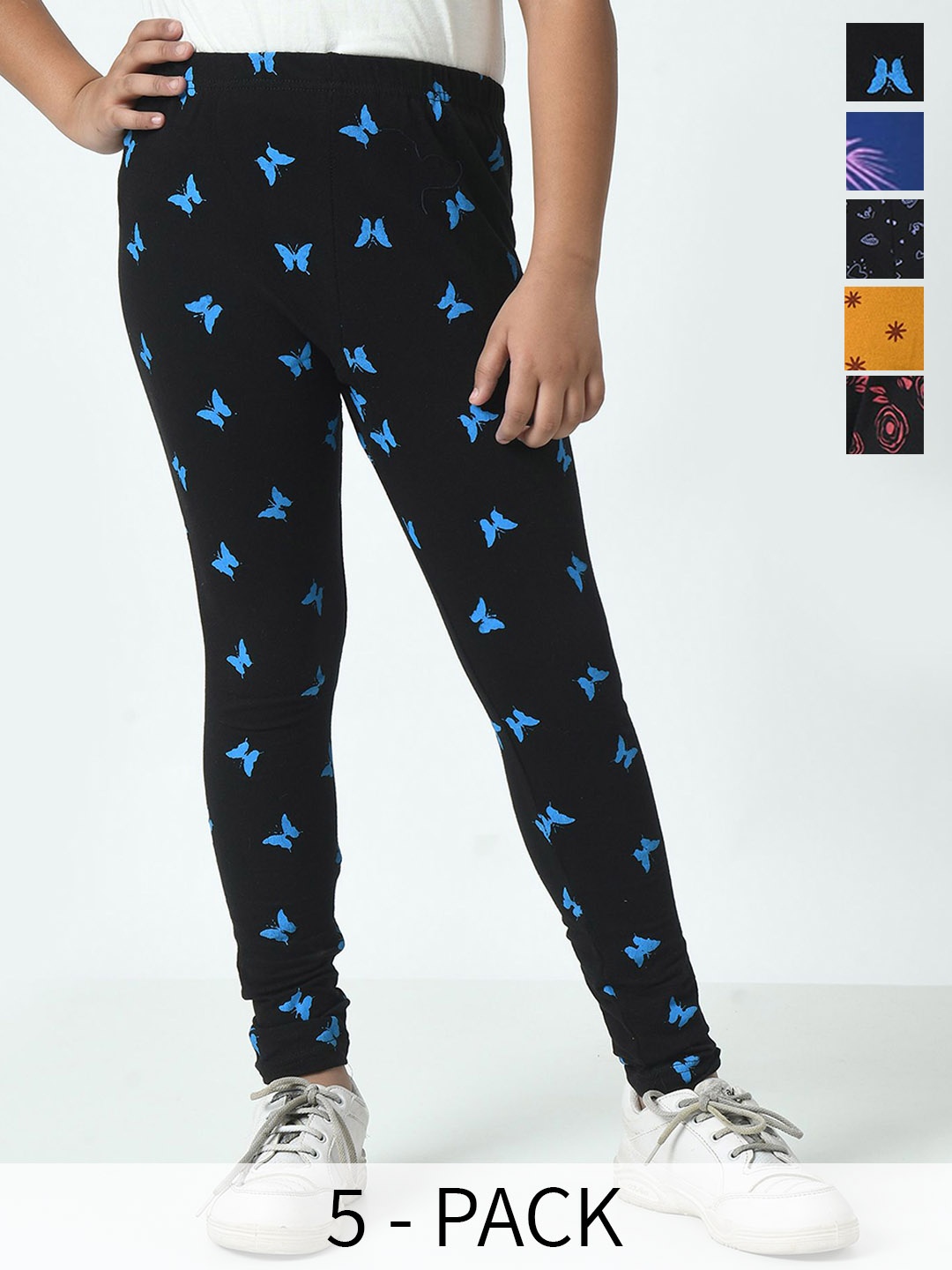 

BAESD Girls Pack Of 5 Printed Pure Cotton Ankle-Length Leggings, Blue
