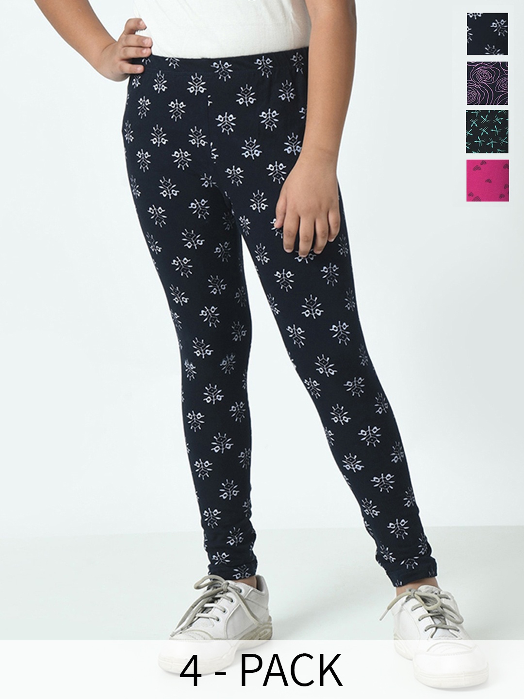 

BAESD Girls Pack Of 4 Printed Pure Cotton Ankle-Length Leggings, Navy blue