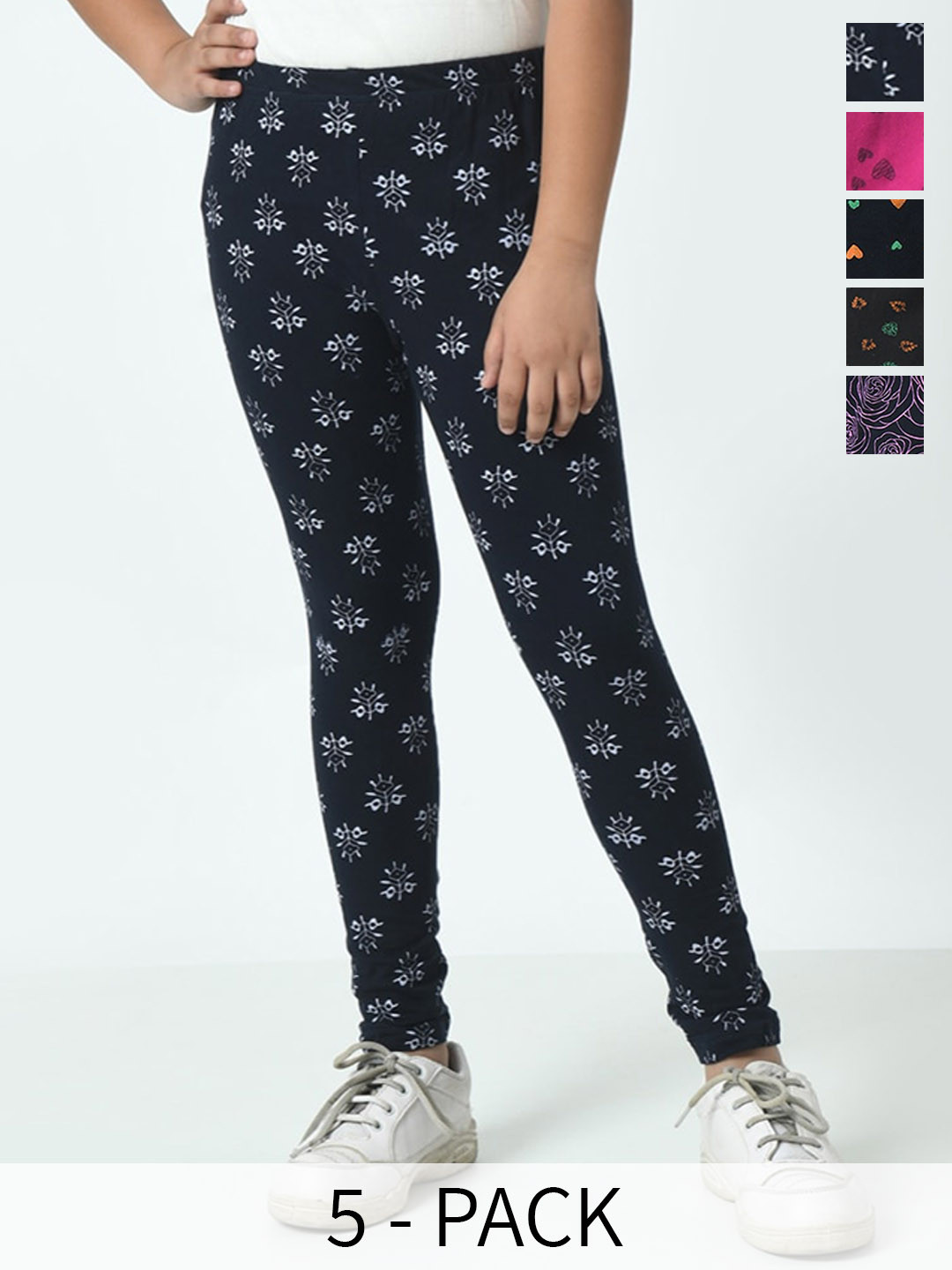 

BAESD Girls Pack Of 5 Printed Pure Cotton Ankle-Length Leggings, Navy blue