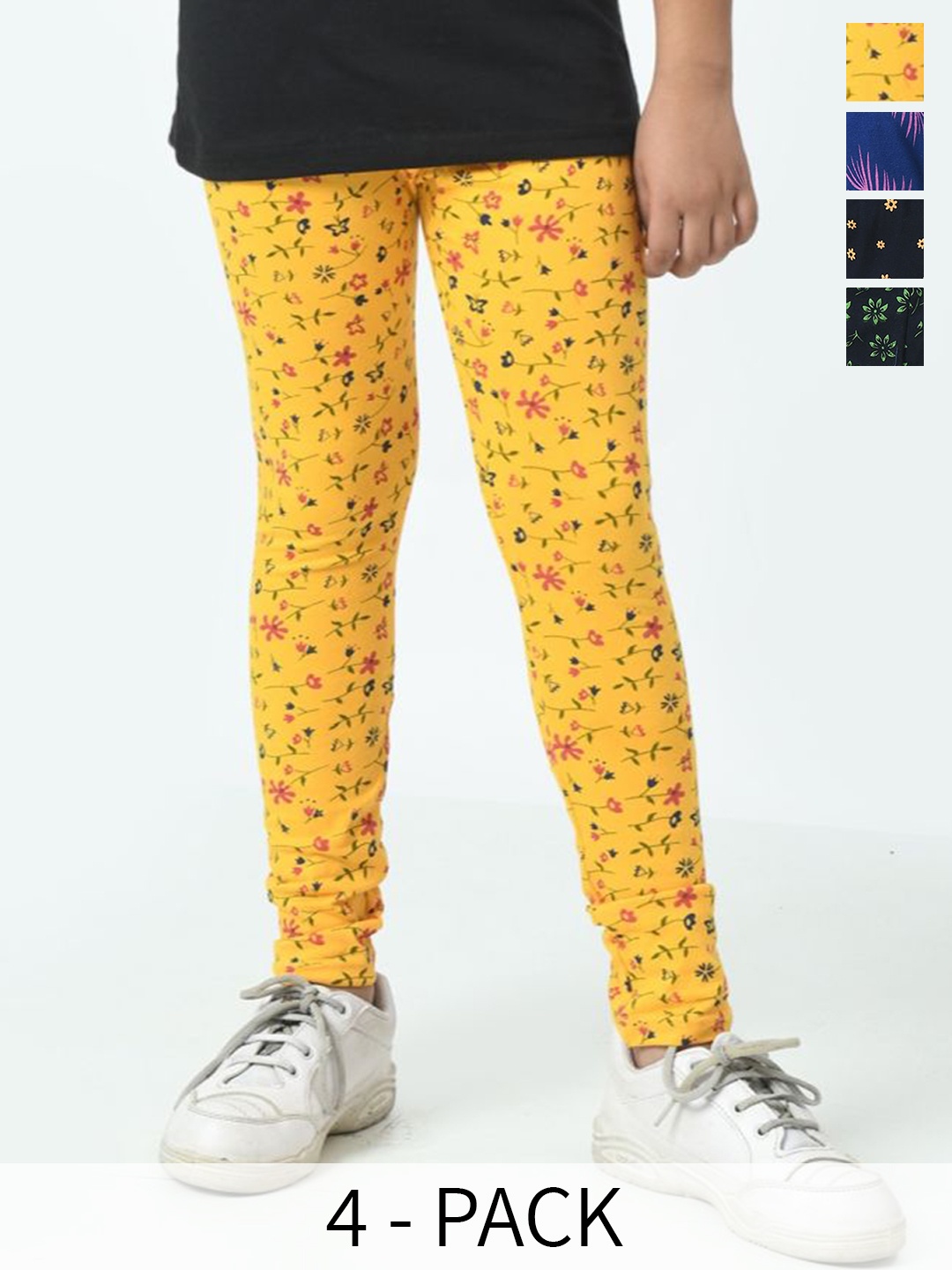 

BAESD Girls Pack Of 4 Printed Pure Cotton Ankle Length Leggings, Yellow