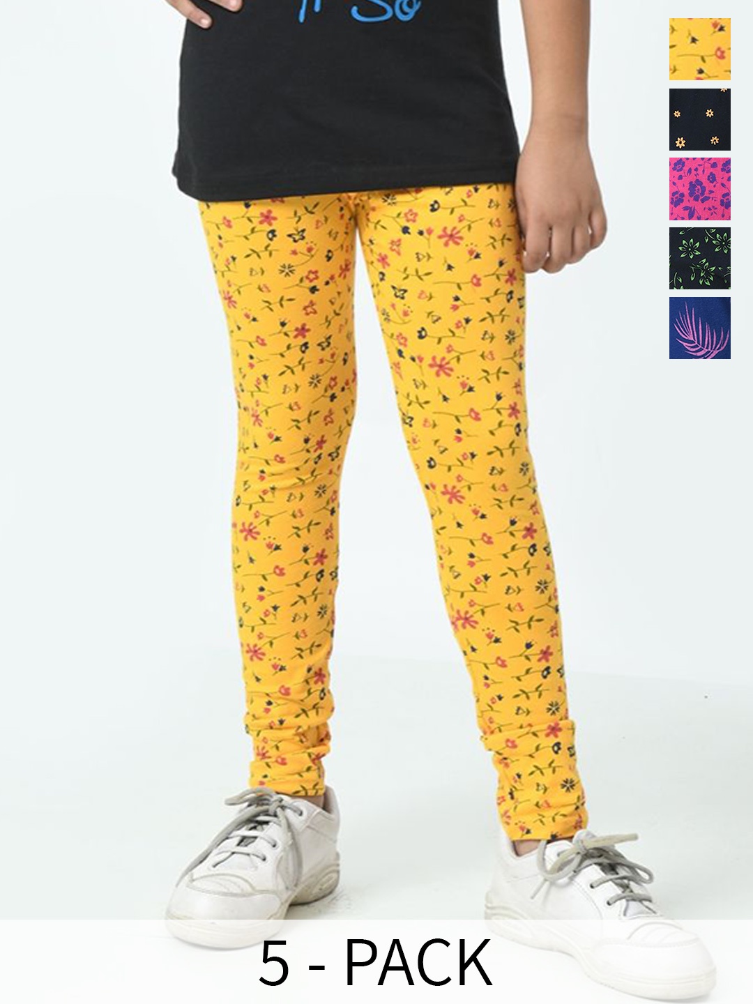 

BAESD Girls Pack Of 5 Printed Pure Cotton Ankle-Length Leggings, Yellow