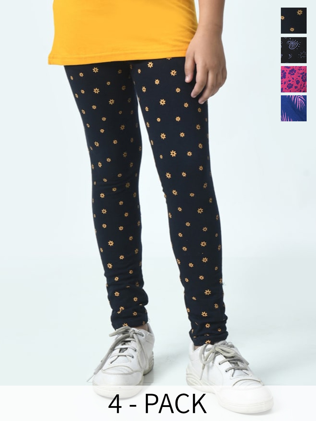 

BAESD Girls Pack Of 4 Printed Pure Cotton Ankle Length Leggings, Black