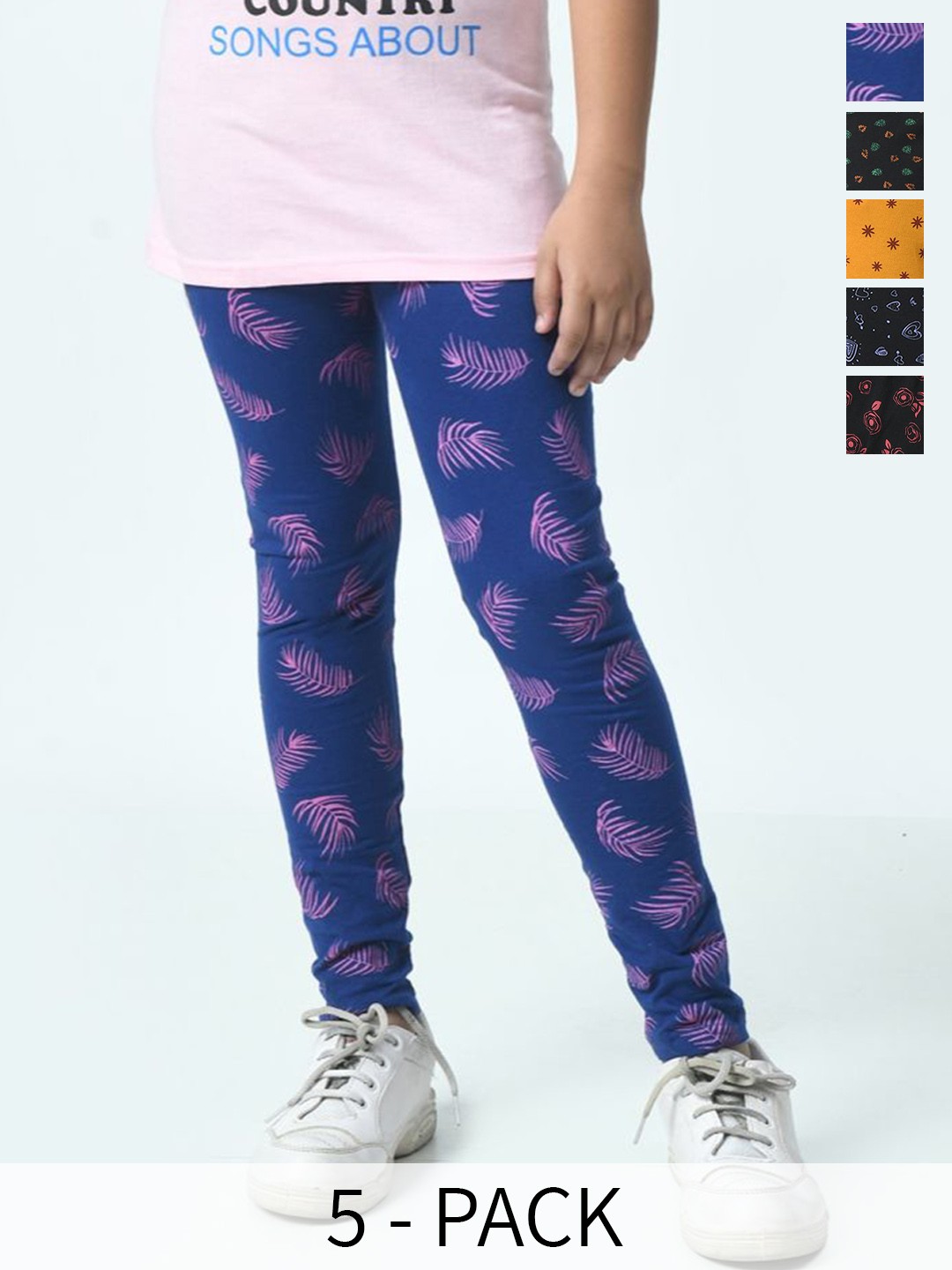 

BAESD Girls Pack Of 5 Printed Pure Cotton Ankle Length Leggings, Blue