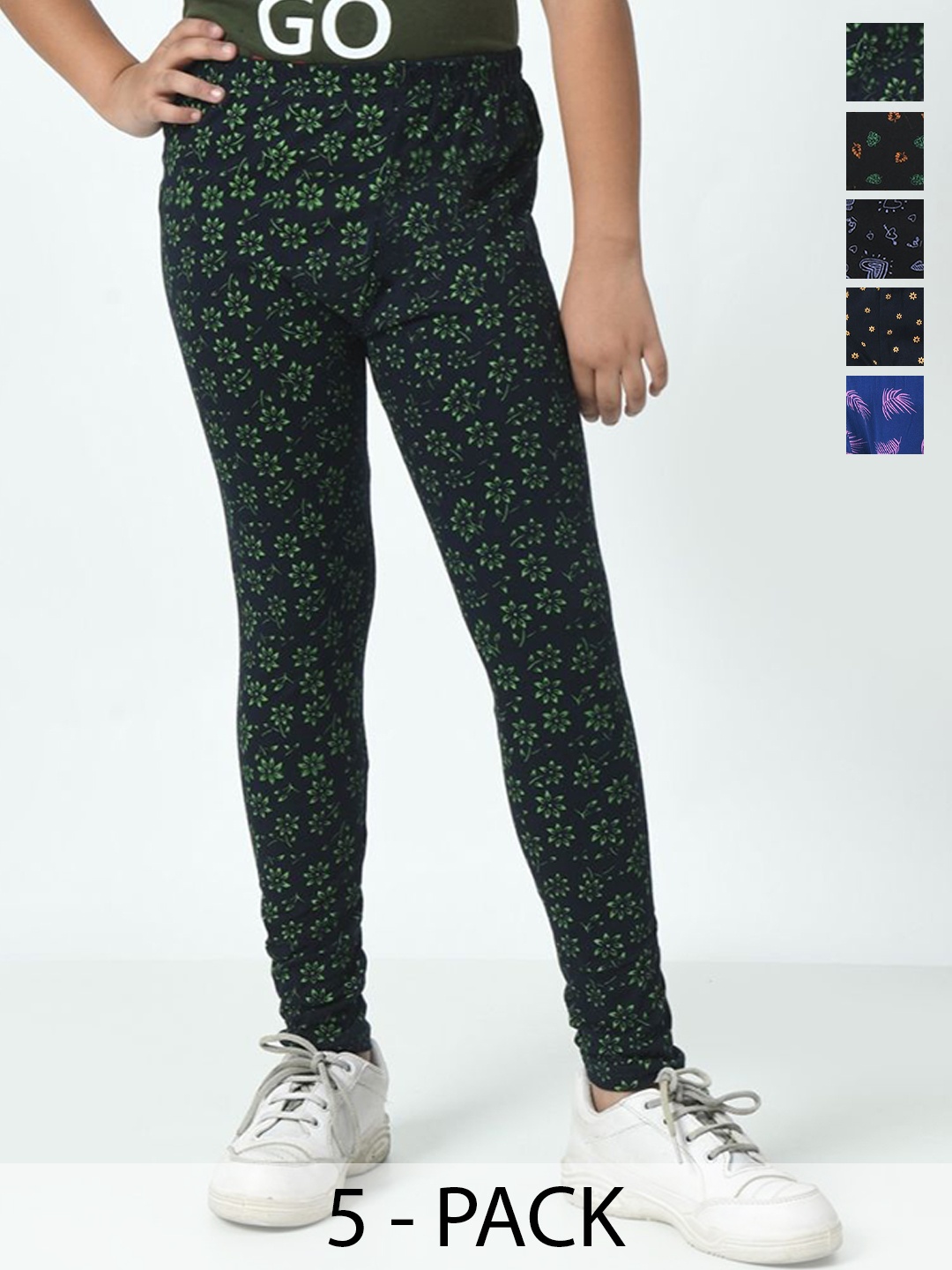 

BAESD Girls Pack Of 5 Printed Pure Cotton Ankle-Length Leggings, Navy blue
