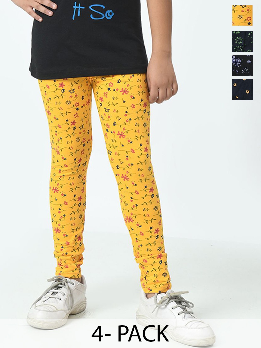 

BAESD Girls Pack Of 4 Printed Pure Cotton Ankle-Length Leggings, Yellow