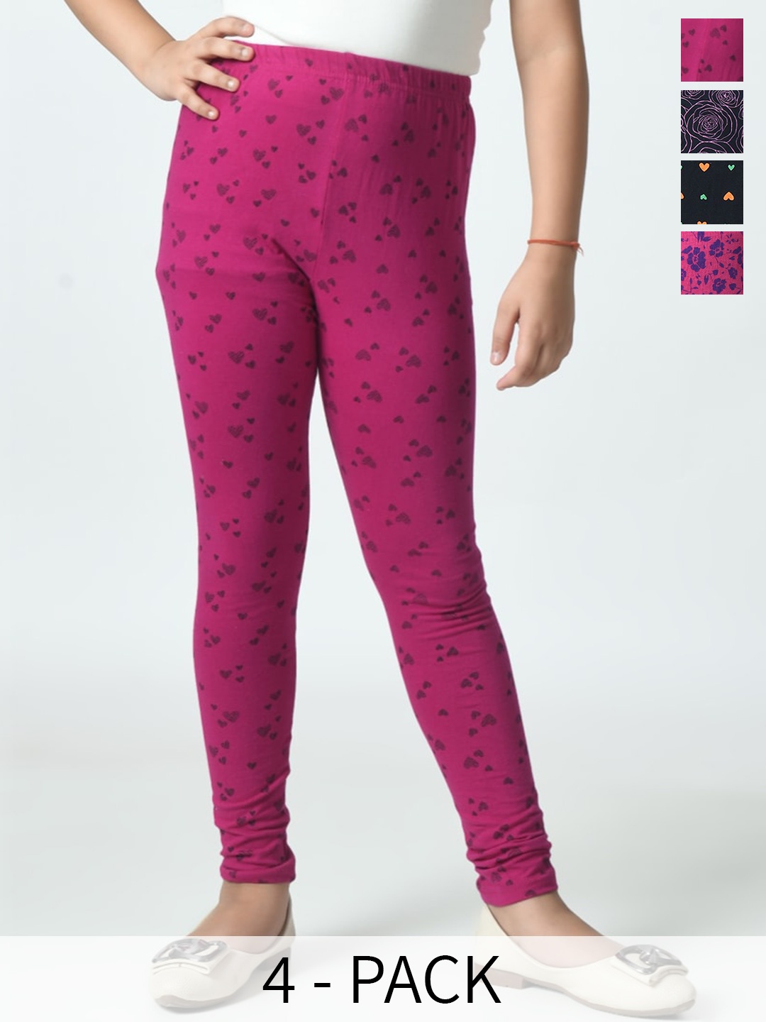 

BAESD Girls Pack Of 4 Printed Pure Cotton Ankle-Length Leggings, Pink