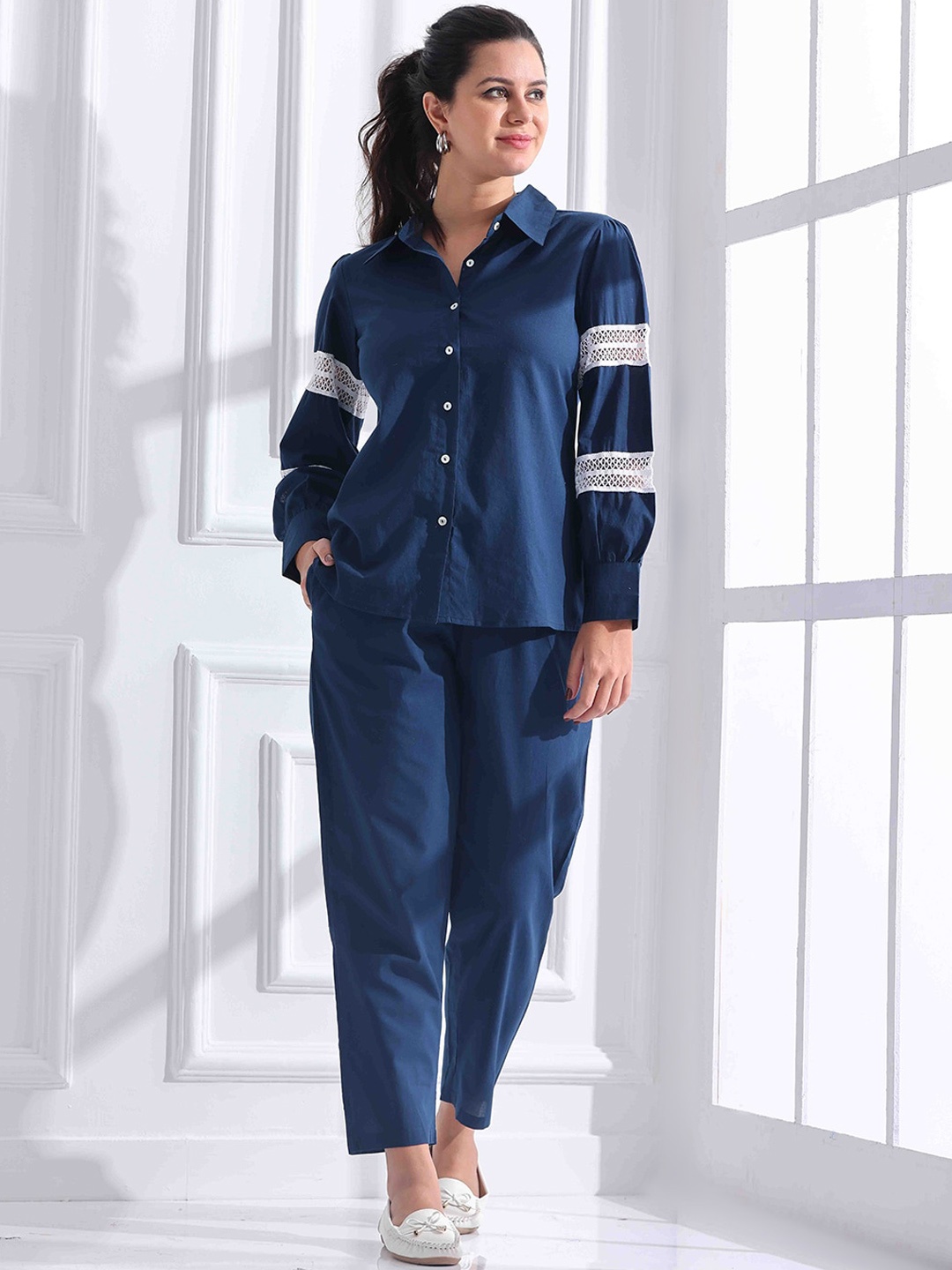 

Anouk Women Pure Cotton Shirt Collar Shirt & Trouser Co-Ord, Navy blue