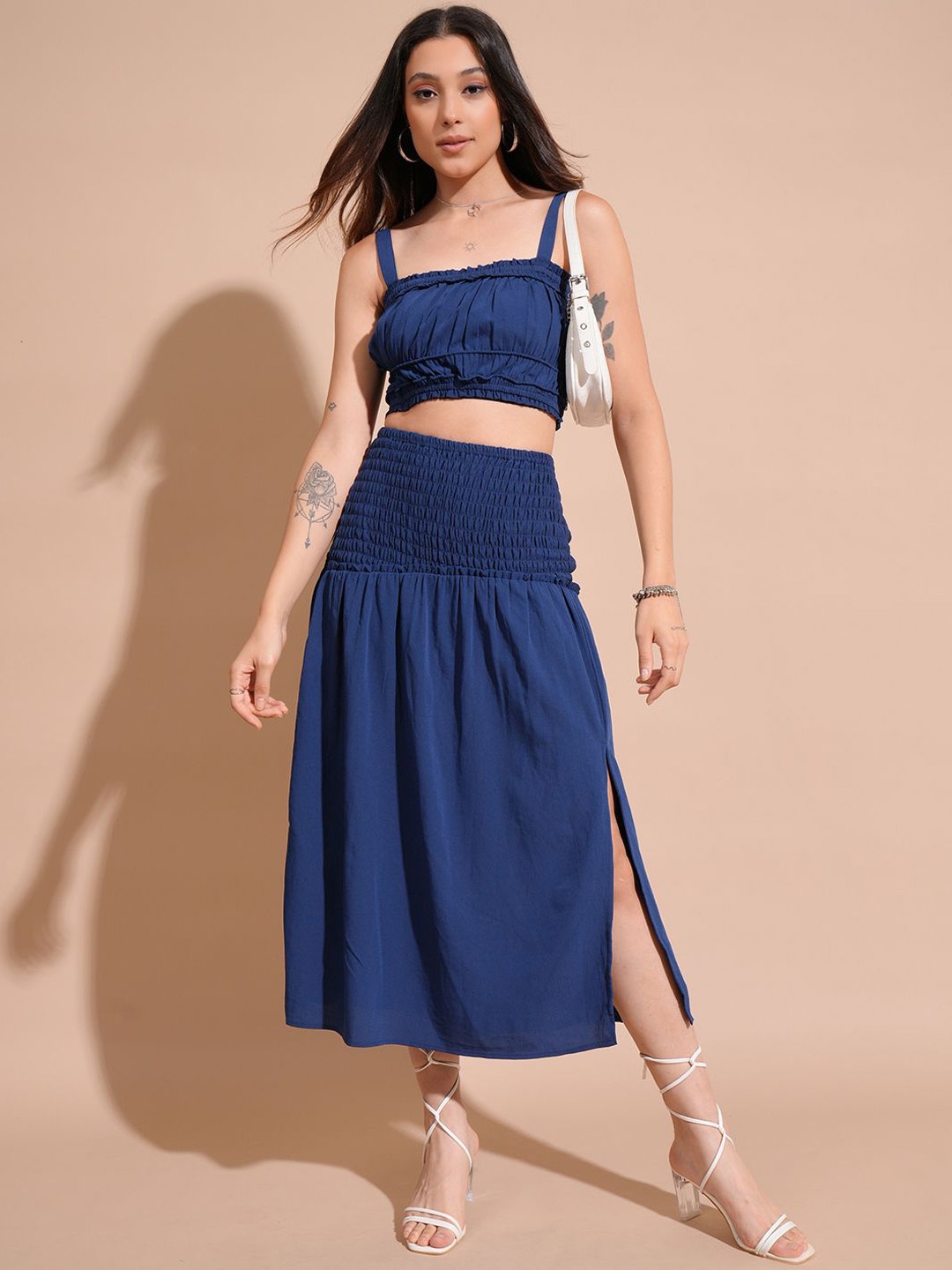 

Tokyo Talkies Ruched Crop Top & Midi Skirt Co-Ords, Navy blue