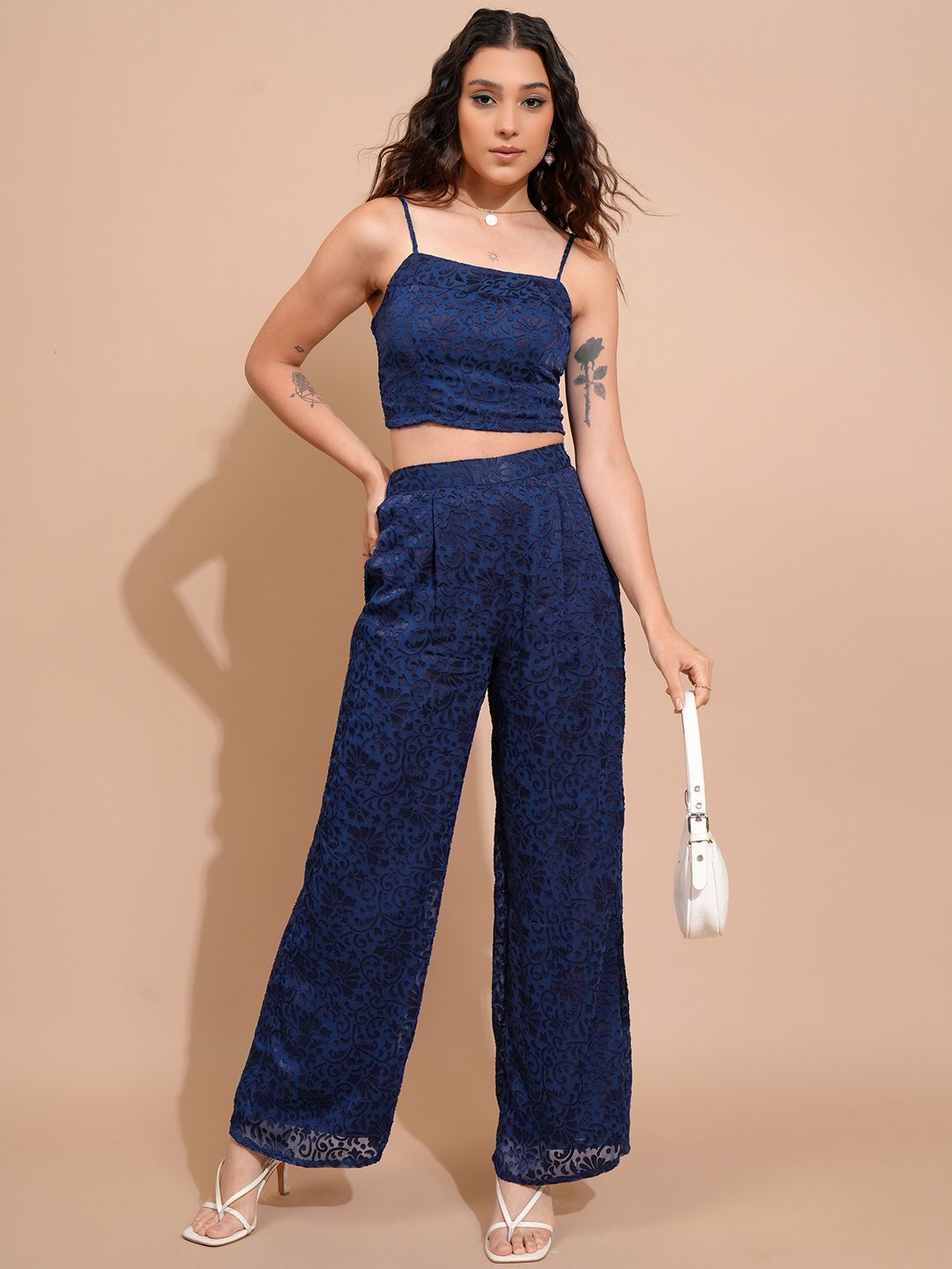 

Tokyo Talkies Self-Design Crop Top & Trousers Co-Ords, Navy blue