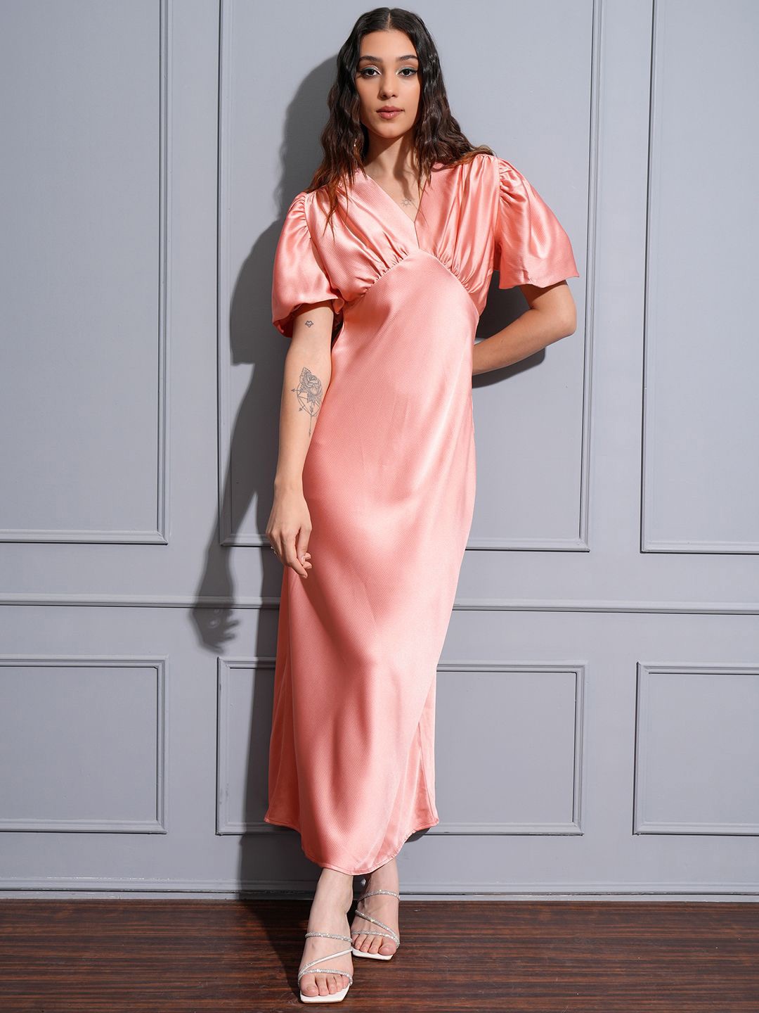 

Tokyo Talkies V Neck Puff Sleeve Maxi Dress, Pink