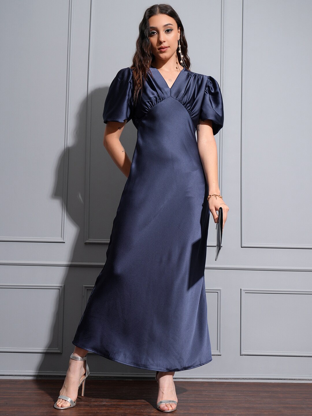 

Tokyo Talkies V Neck Puff Sleeve Maxi Dress, Navy blue