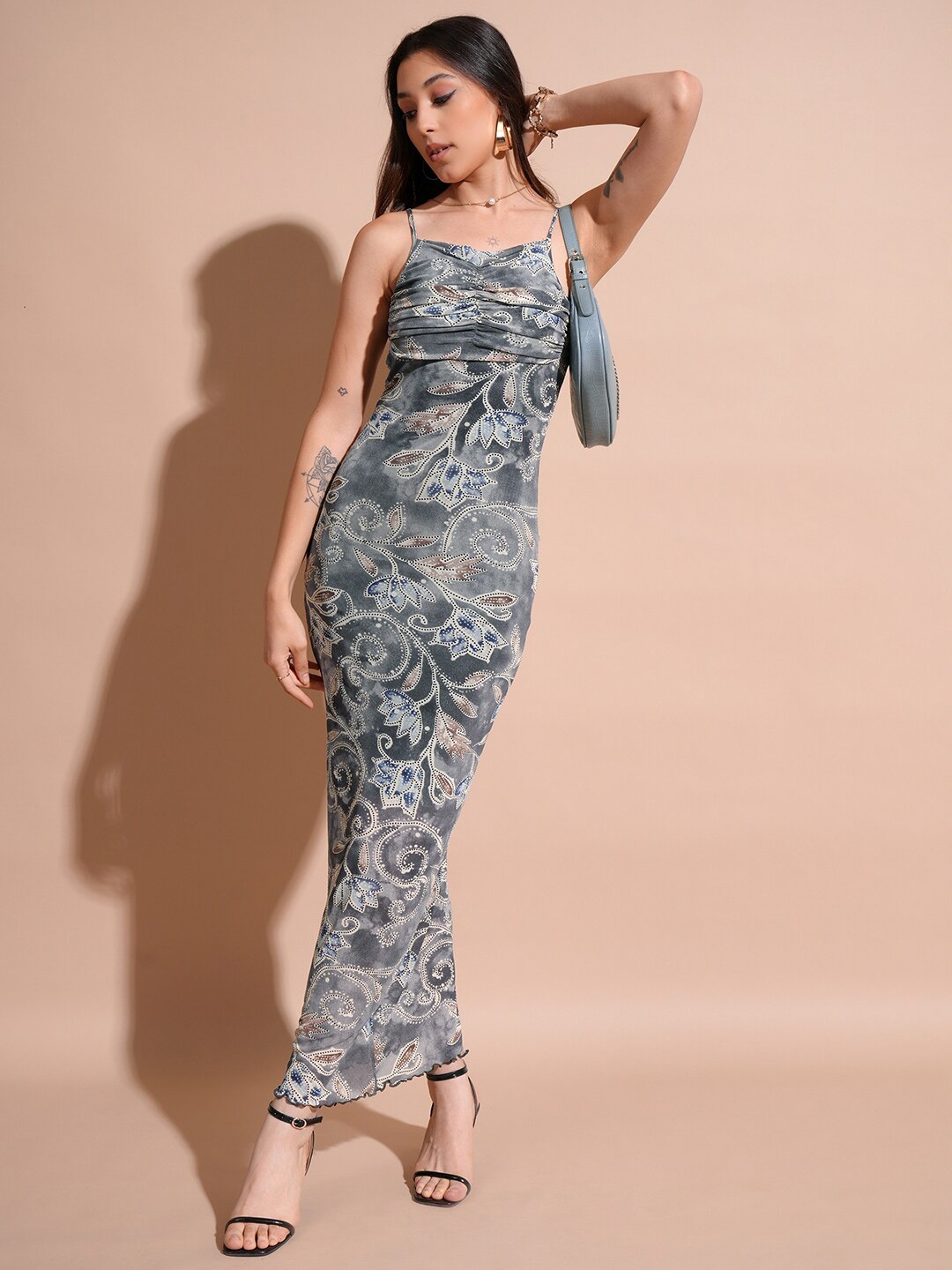 

Tokyo Talkies Shoulder Straps Sleeveless Floral Print Maxi Dress, Grey