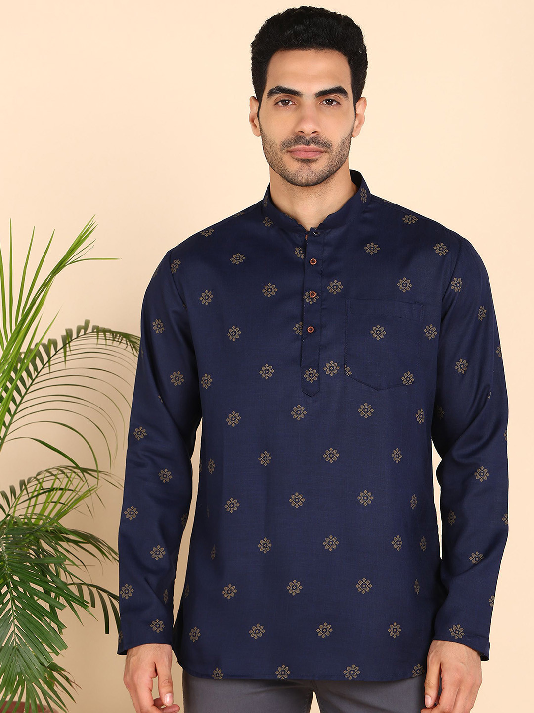 

Anouk Men Ethnic Motifs Printed Thread Work Anarkali Kurta, Navy blue