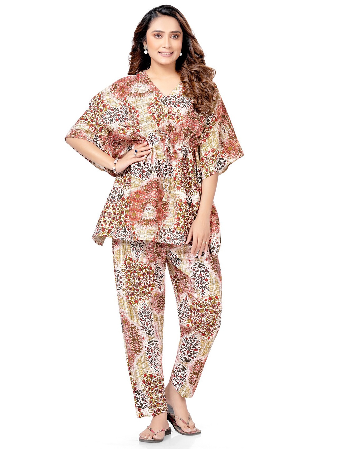

Keyocean Women Printed Pure Cotton Night suit, Beige