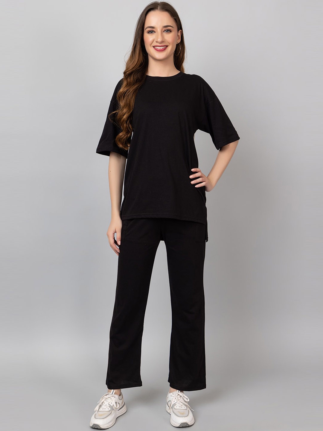 

TYSORT Women Round-Neck Short Sleeves Top And Trouser Co-Ords, Black