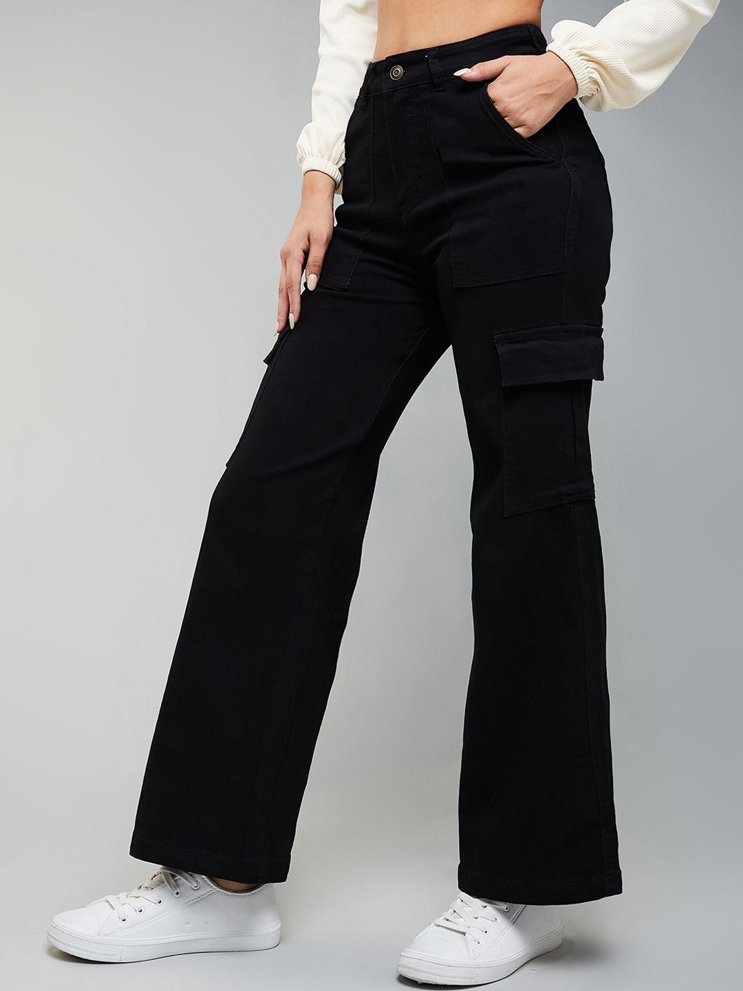 

DOLCE CRUDO Women Wide Leg High-Rise Stretchable Jeans, Black