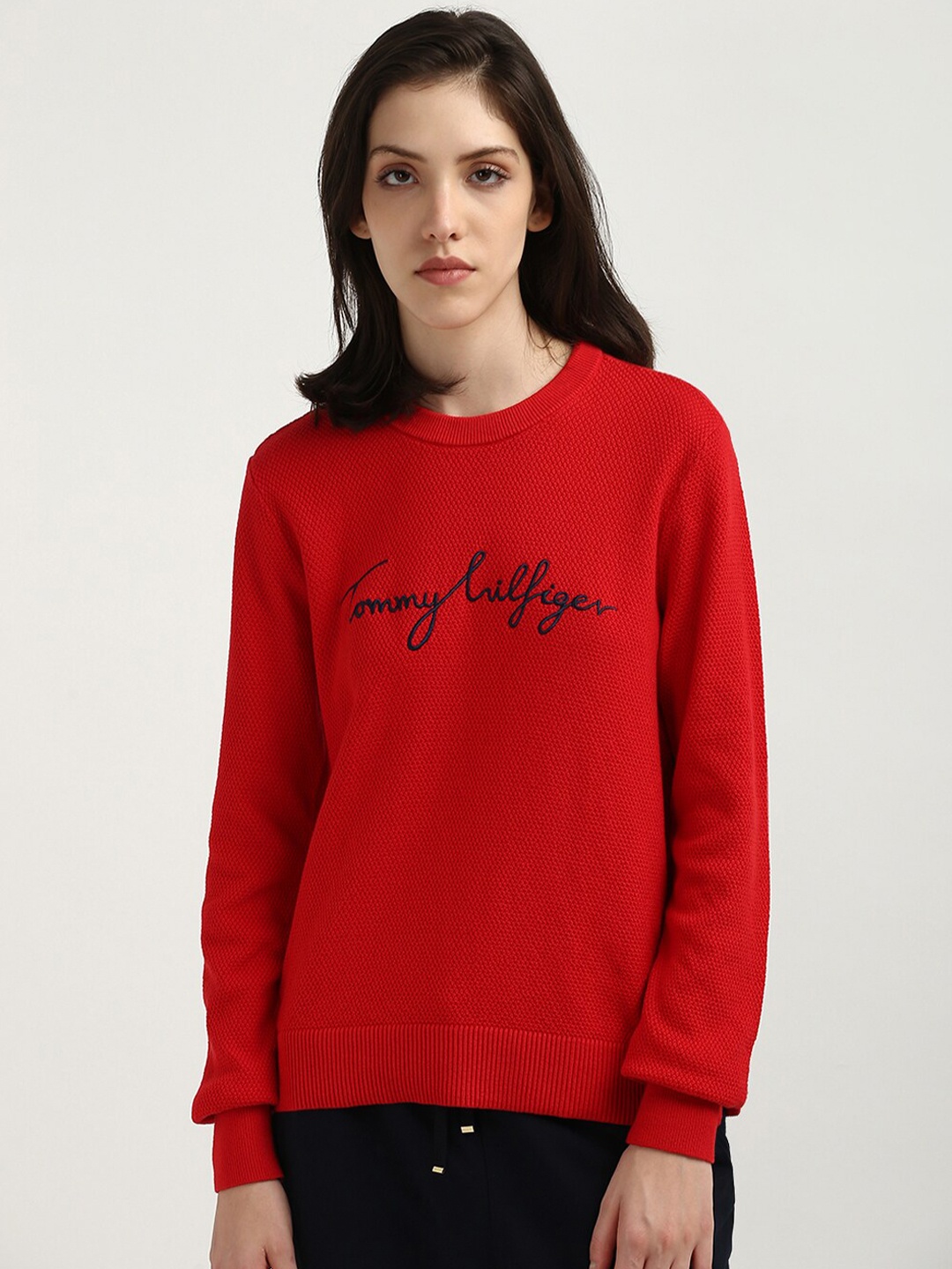 

Tommy Hilfiger Typography Embroidered Round Neck Long Sleeves Cotton Sweatshirts, Red