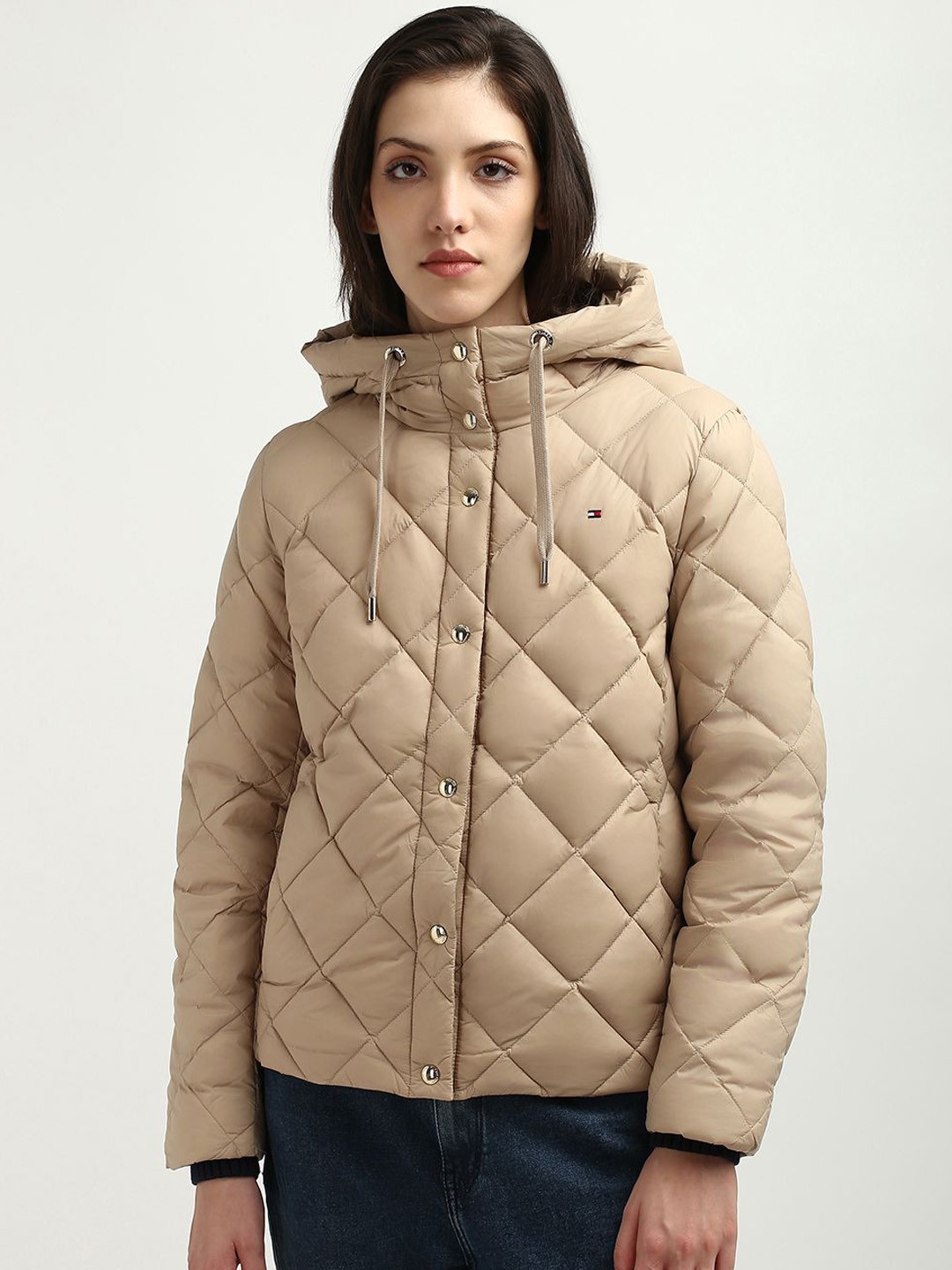 

Tommy Hilfiger Women Checked Solid Quilted Jacket, Beige