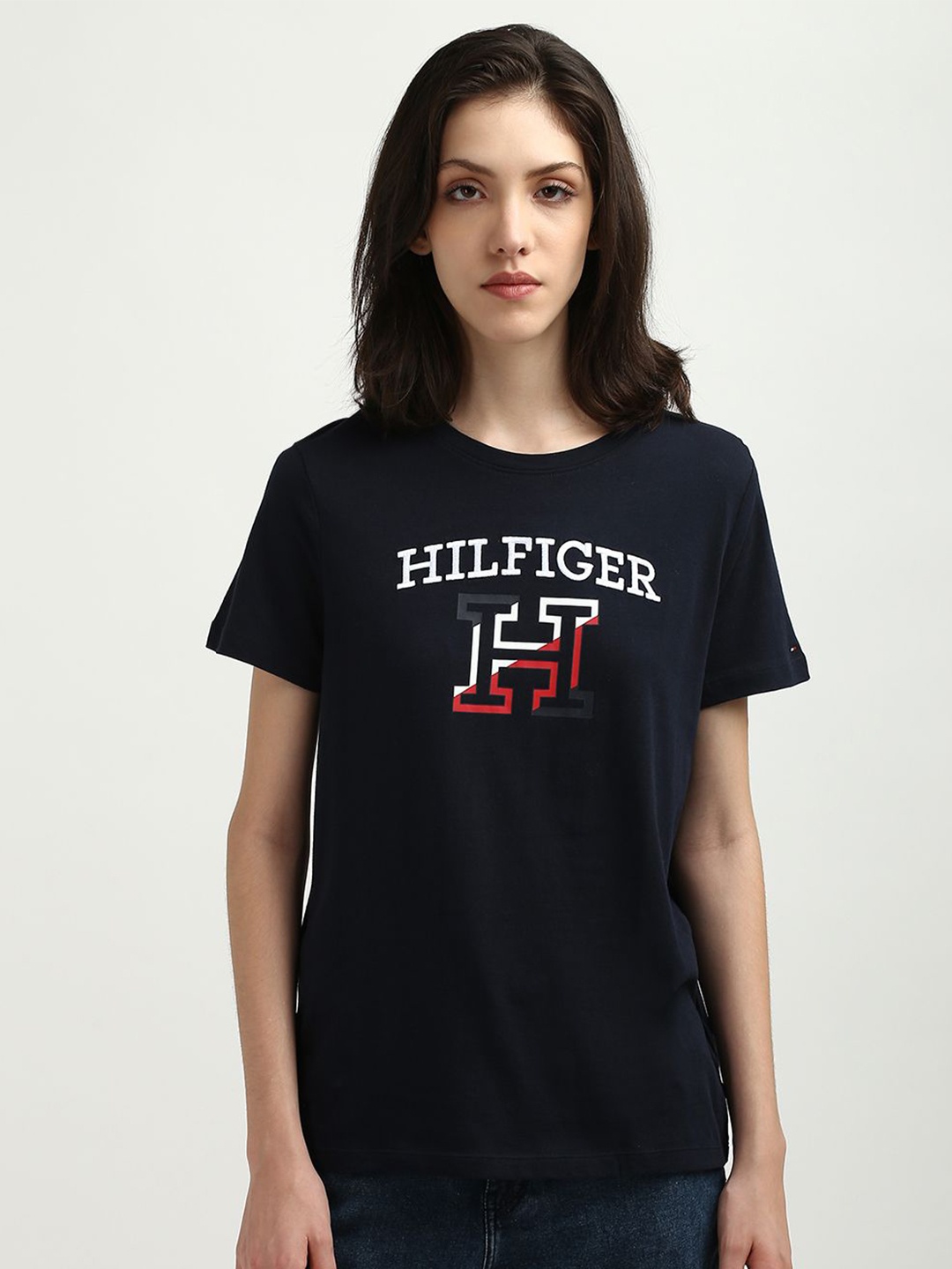 

Tommy Hilfiger Women Typography Printed Applique T-shirt, Navy blue