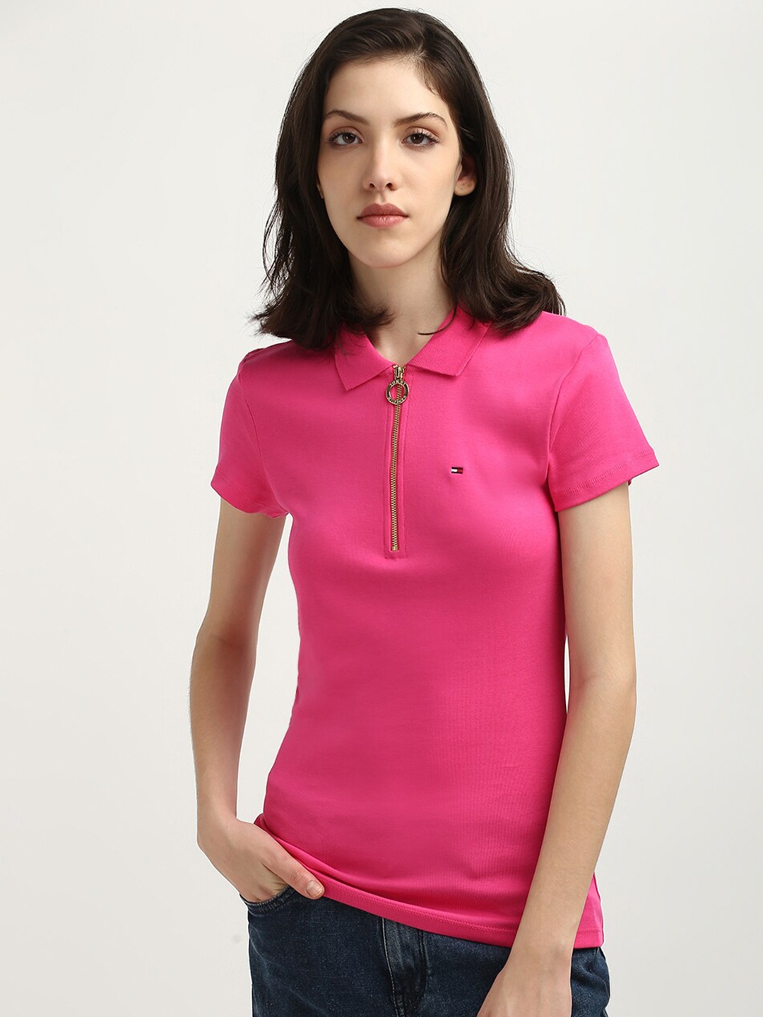 

Tommy Hilfiger Women Solid Polo Collar Pockets Slim Fit T-shirt, Pink