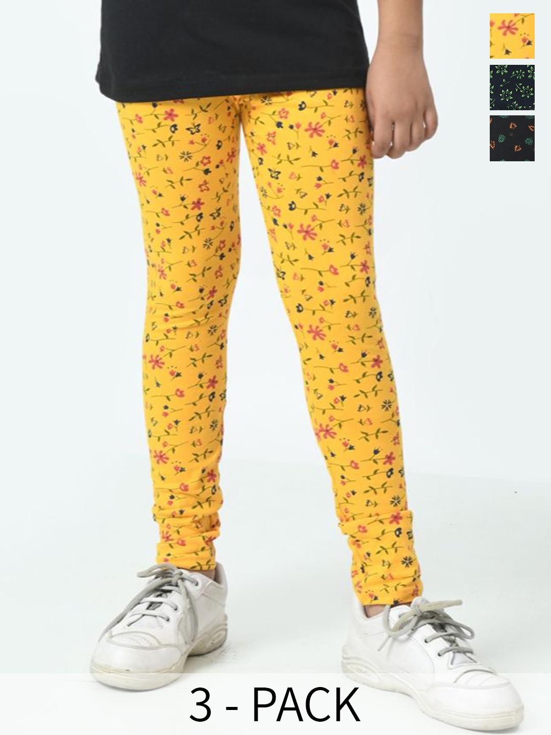 

BAESD Girls Pack Of 3 Printed Pure Cotton Ankle Length Leggings, Yellow