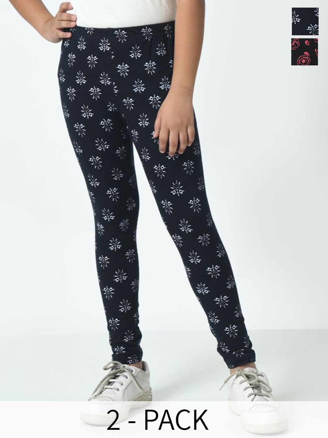 

BAESD Girls Pack Of 2 Printed Pure Cotton Ankle Length Leggings, Navy blue