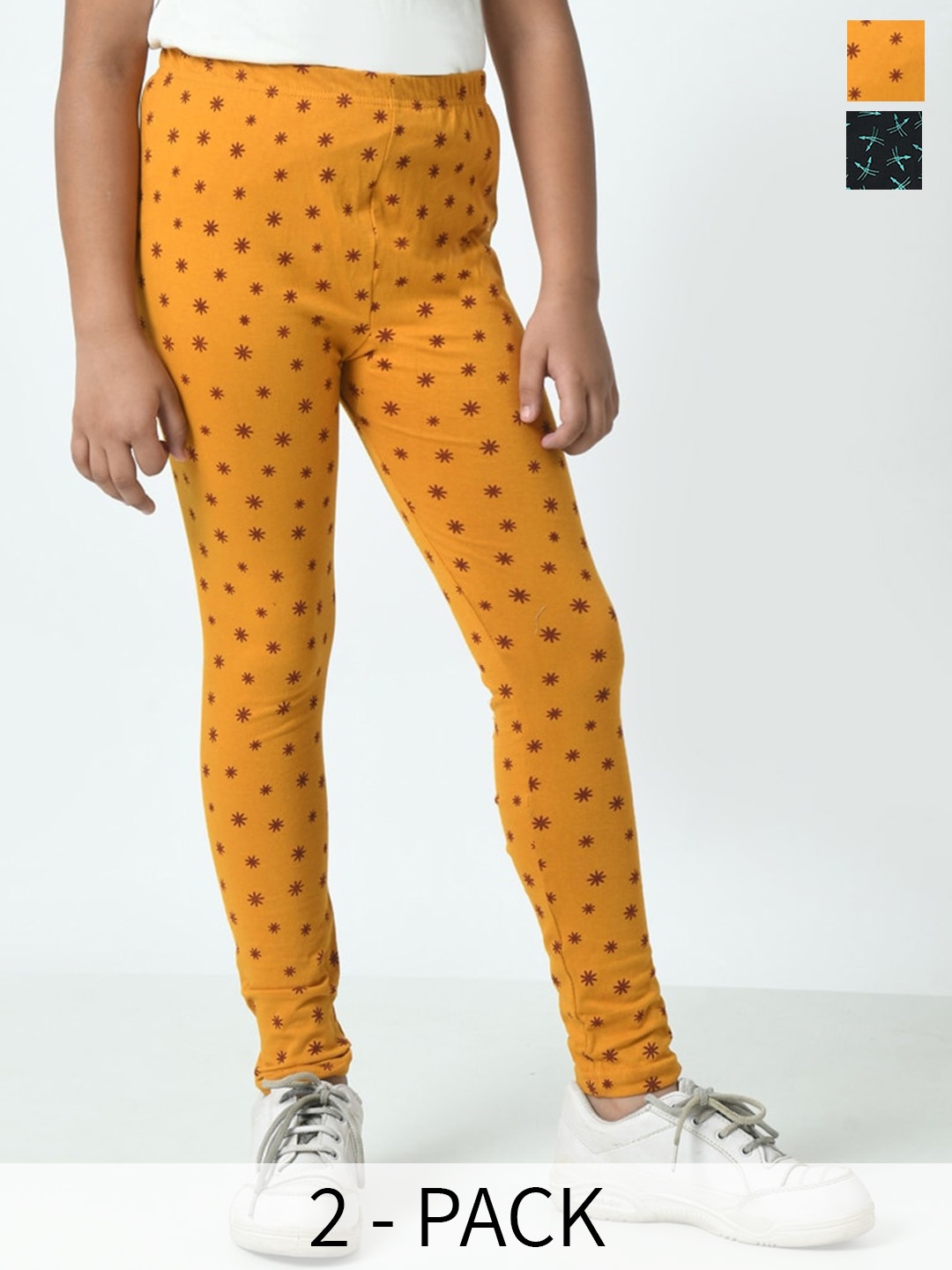 

BAESD Girls Pack Of 2 Printed Pure Cotton Ankle Length Leggings, Yellow