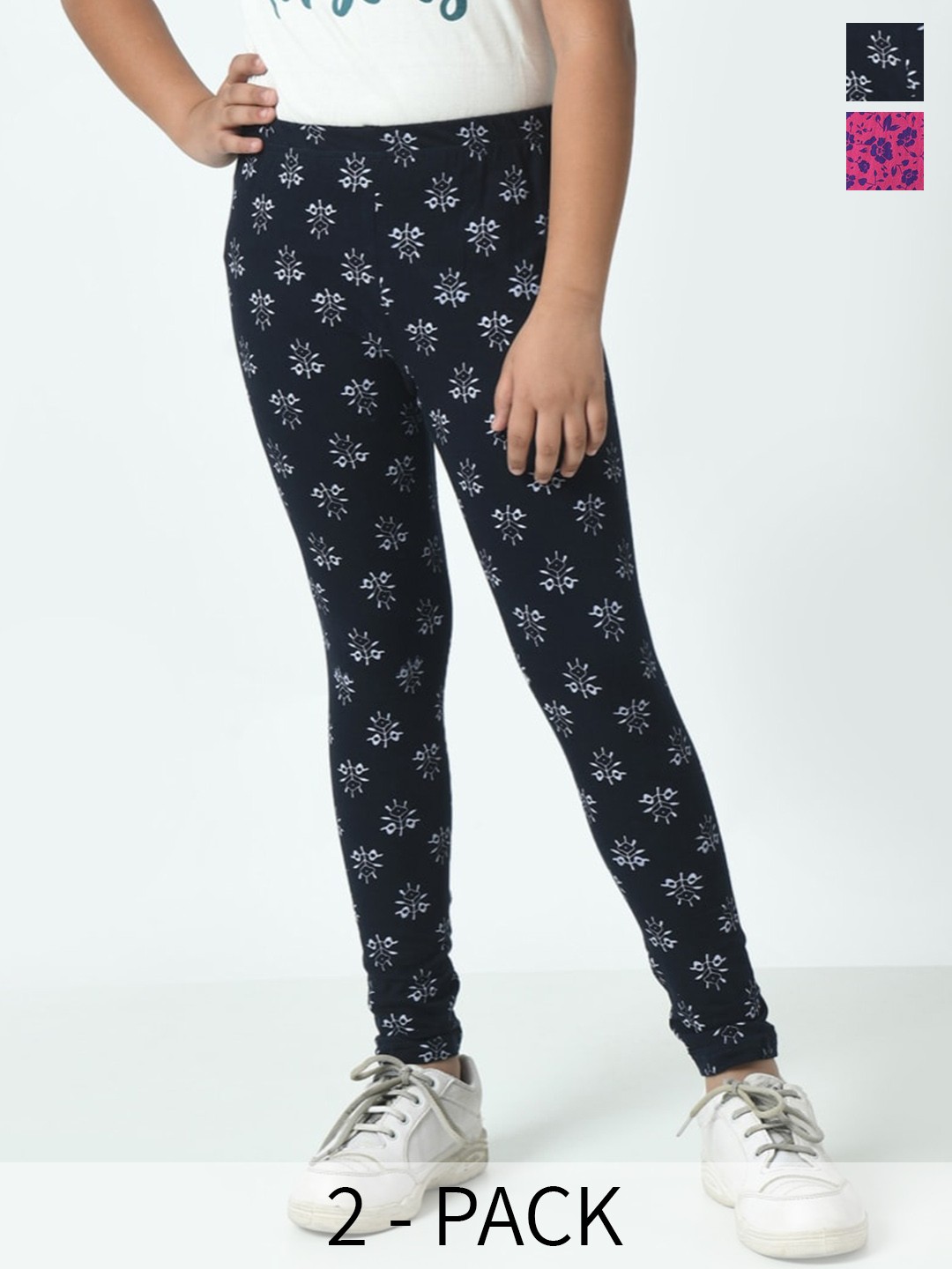 

BAESD Girls Pack Of 2 Printed Pure Cotton Ankle Length Leggings, Navy blue