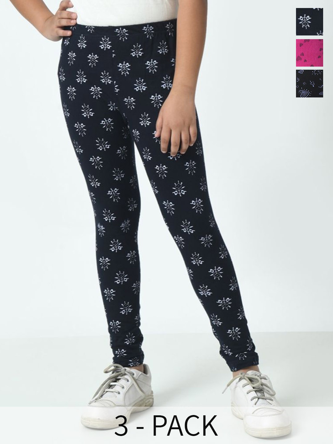 

BAESD Girls Pack Of 3 Printed Pure Cotton Ankle Length Leggings, Black