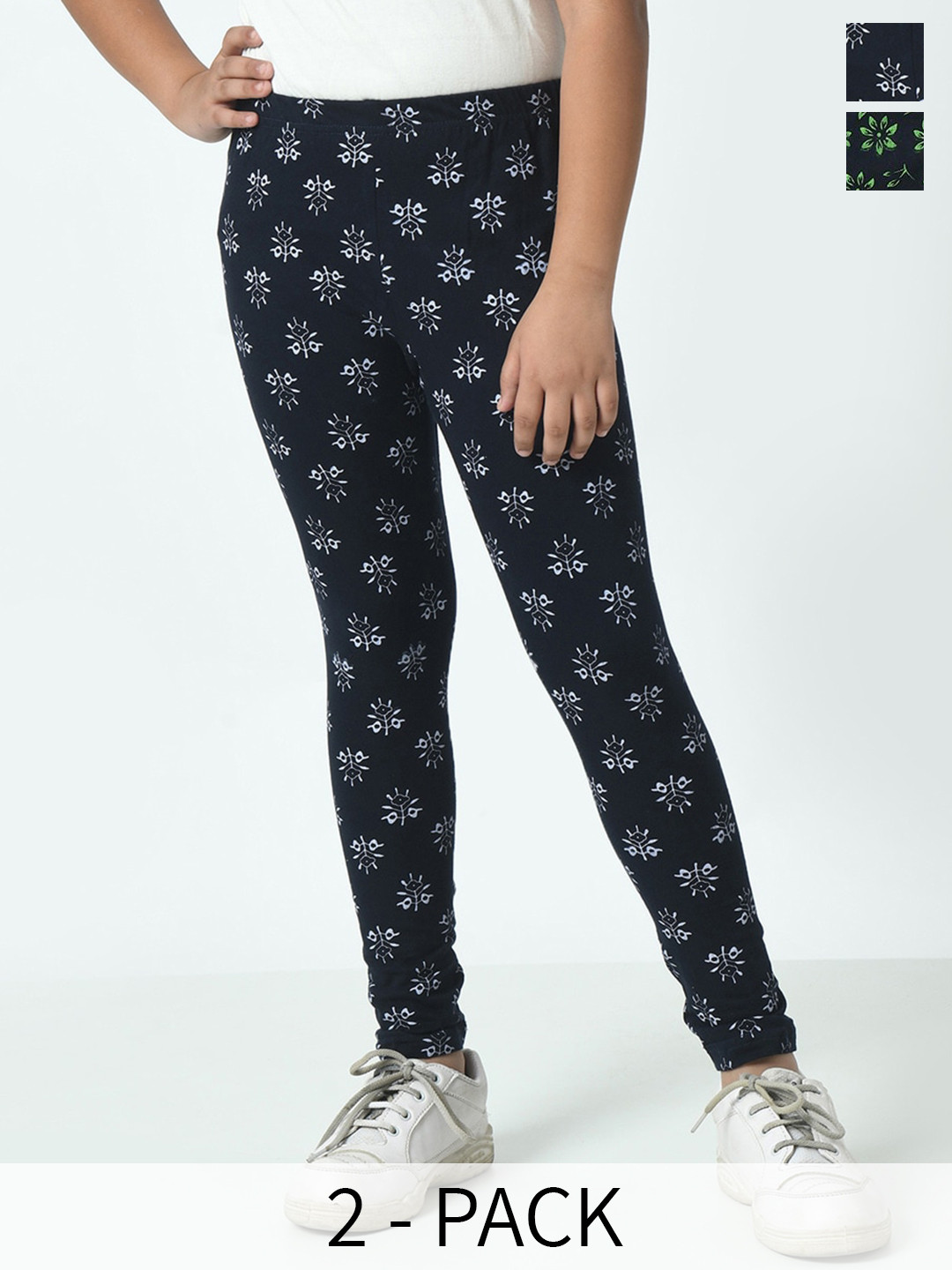

BAESD Girls Ankle Length Printed Pack of 2 Pure Cotton Leggings, Black