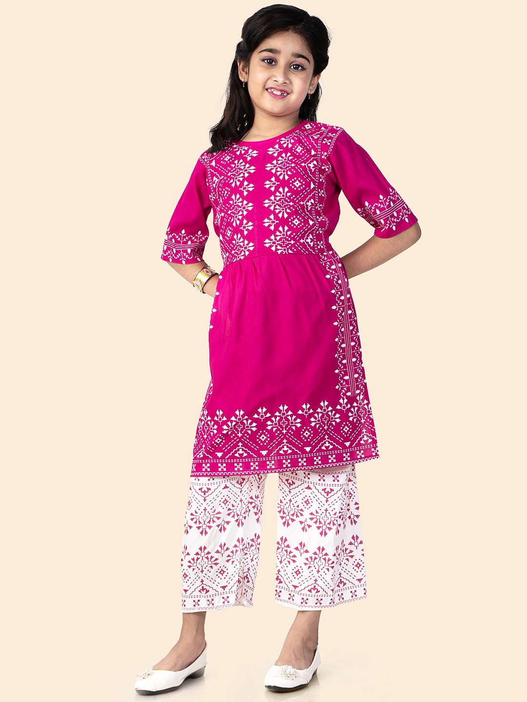 

BAESD Girls Ethnic Motif Printed Regular Kurta with Trousers, Pink