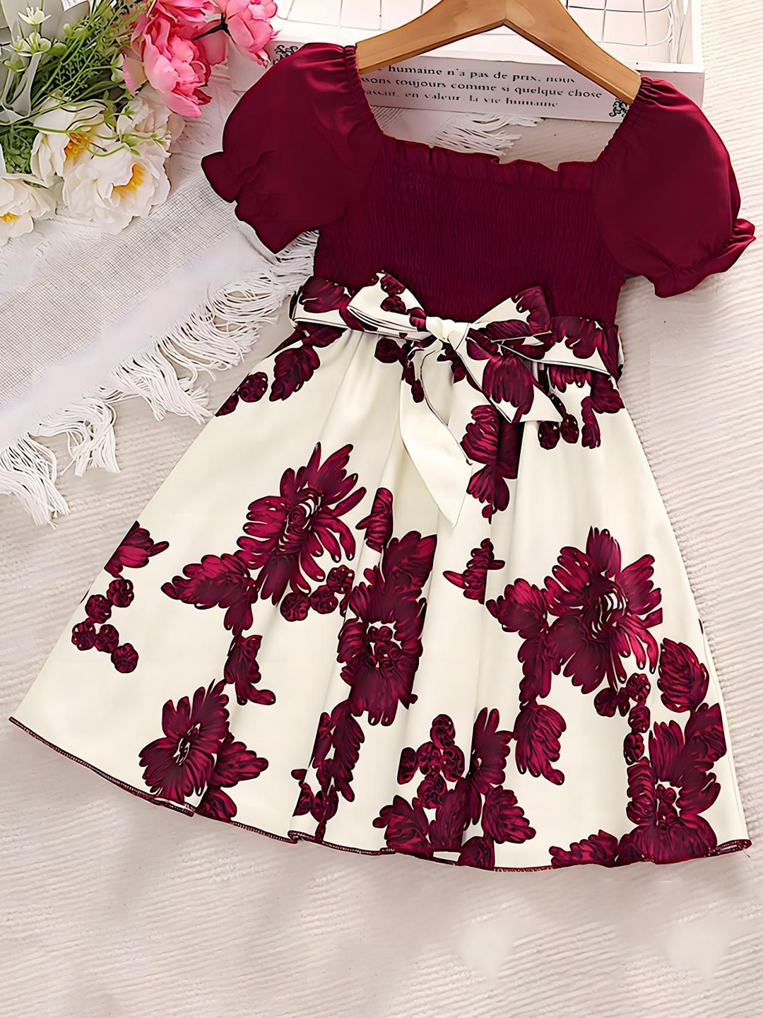 

BAESD Floral Print Puff Sleeve Fit & Flare Dress, Maroon