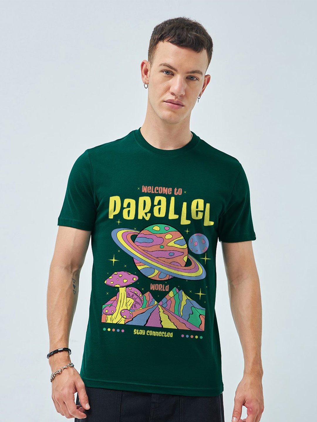 

Bewakoof Men Printed Raw Edge T-shirt, Green