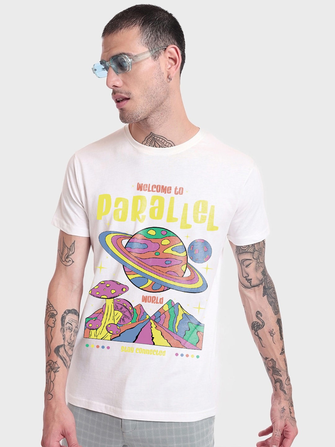 

Bewakoof Men Parallel World Graphic Printed T Shirt, White