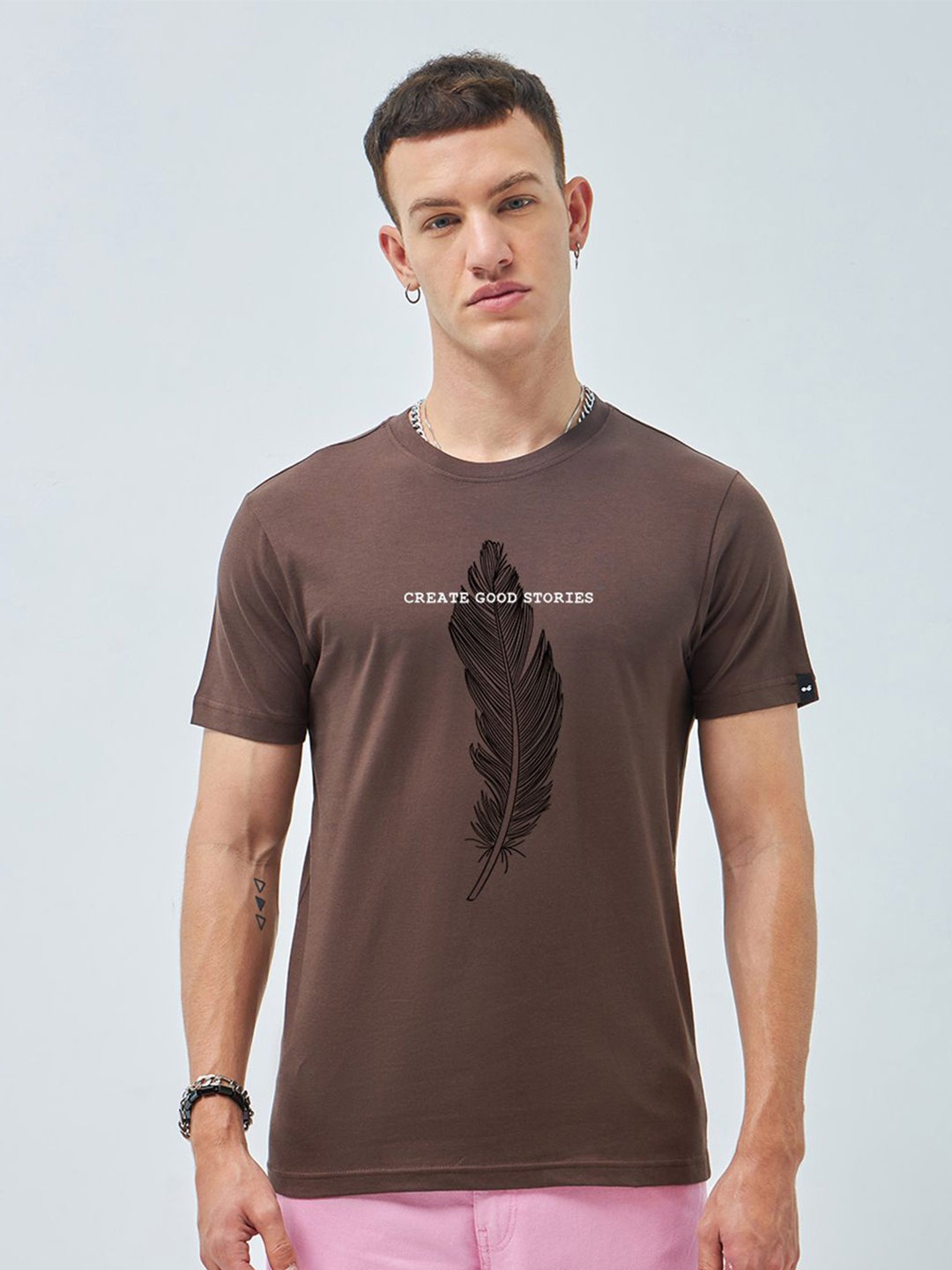 

Bewakoof Men Create Good Stories Graphic Printed T Shirt, Brown