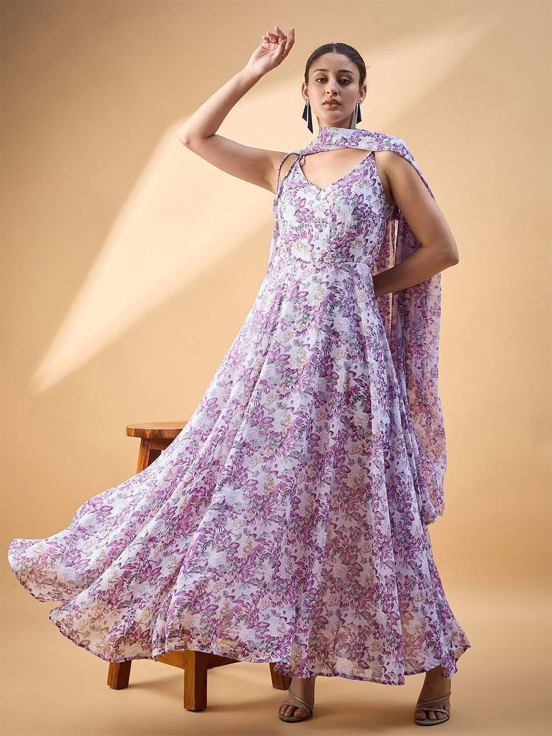 

Deewa Printed Fit and Flare Maxi Ethnic Dress with Dupatta, Purple