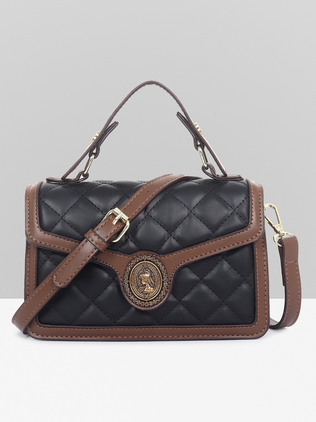 

Filauri Women Geometric Embellished PU Structured Satchel with Quilted, Black