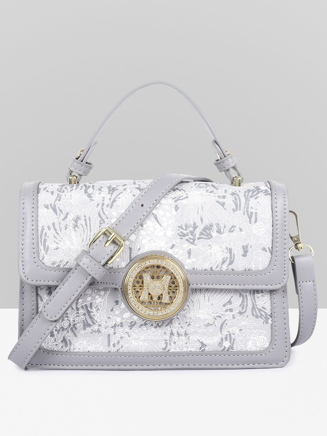 

Filauri Women Floral Embellished PU Structured Satchel, Grey