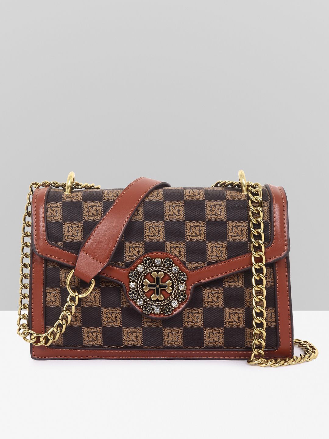 

Filauri Women Ethnic Motifs PU Bowling Sling Bag, Brown