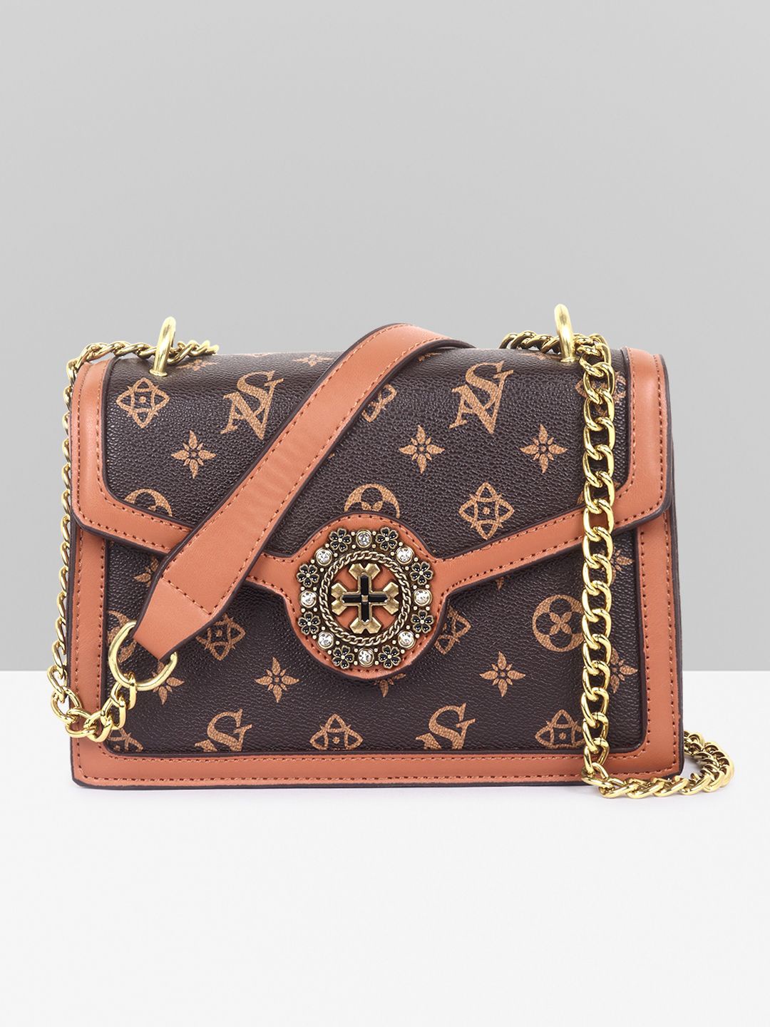 

Filauri Women Printed PU Structured Sling Bag, Brown