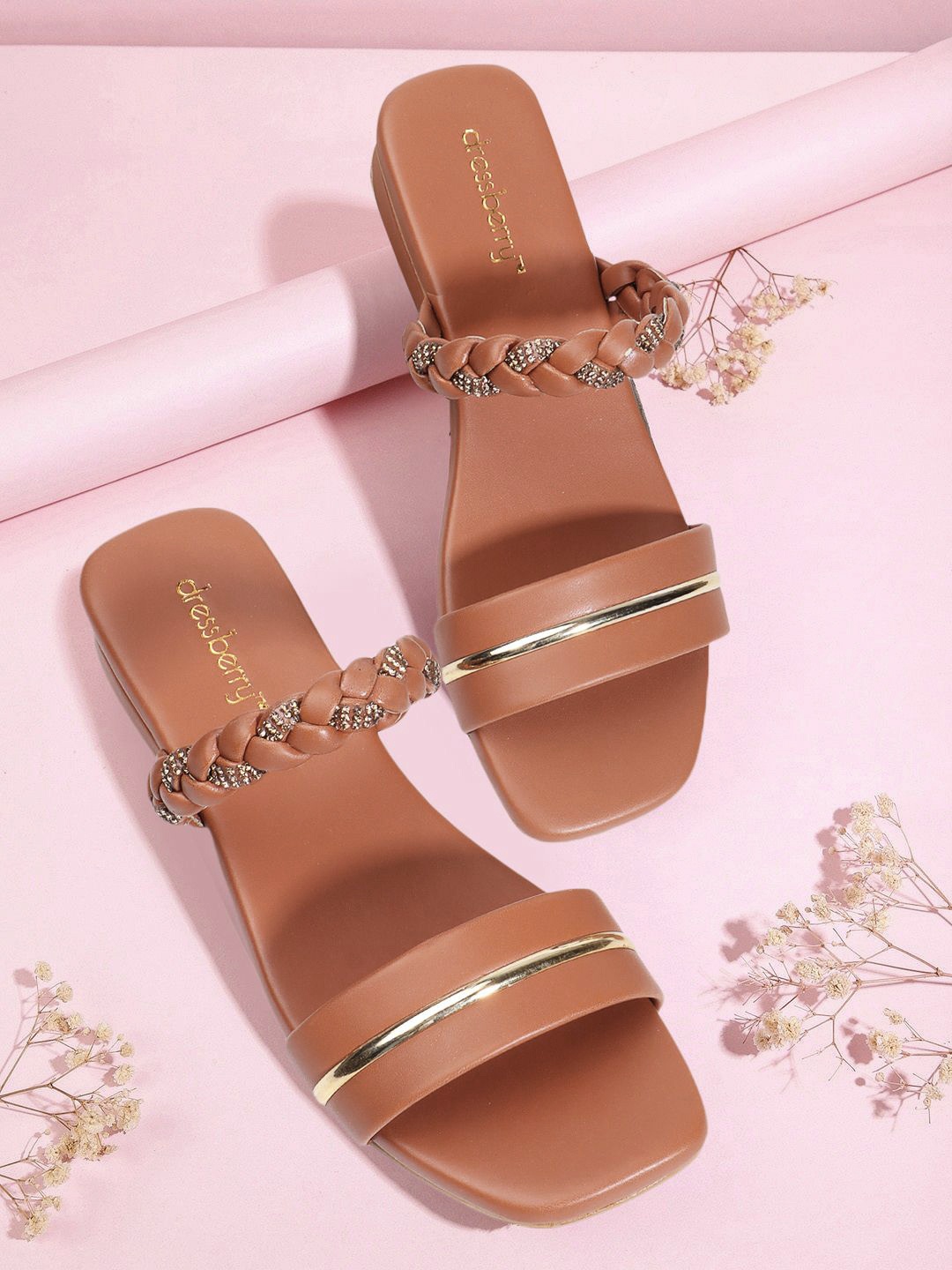 

DressBerry Women Embellished Open Toe Flats, Tan